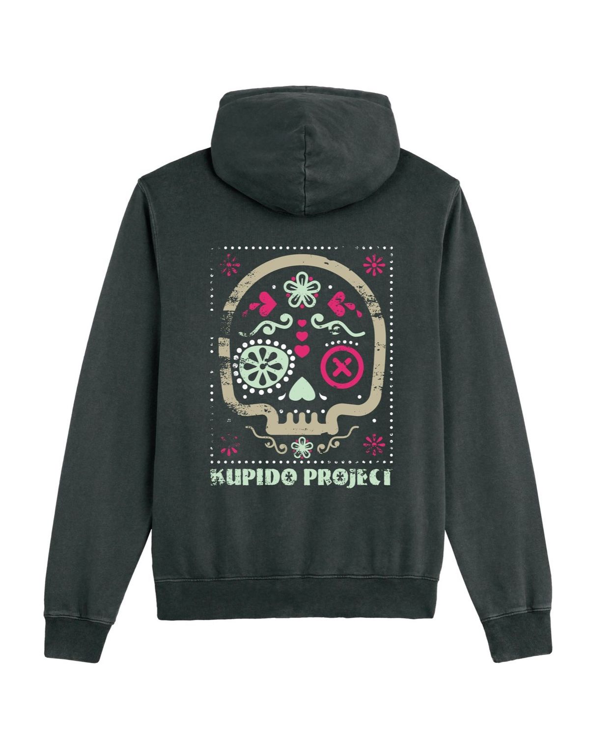 Sudadera negra Kupido Project con diseño de calavera decorativa en colores vibrantes, inspirada en elementos culturales. Estilo único y moderno, ideal para destacar con personalidad.