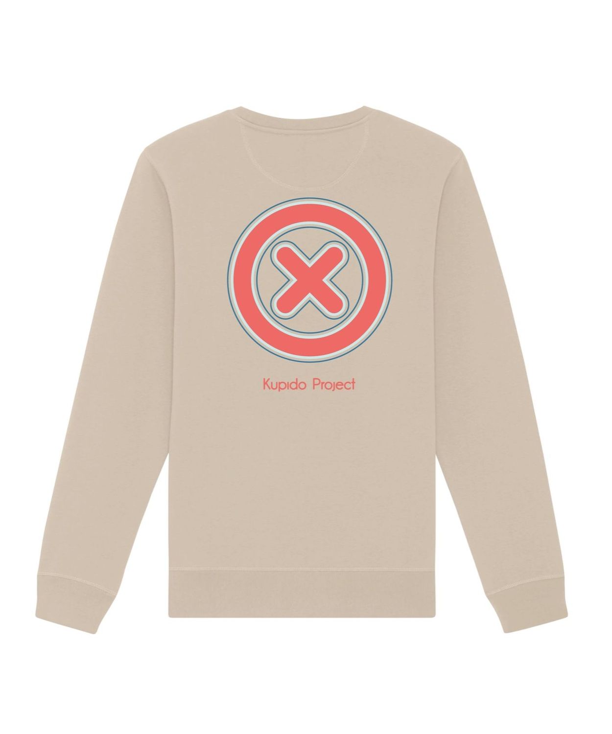 Sudadera color desert con logotipo de Kupido Project. Circulo rojo con X roja dentro.