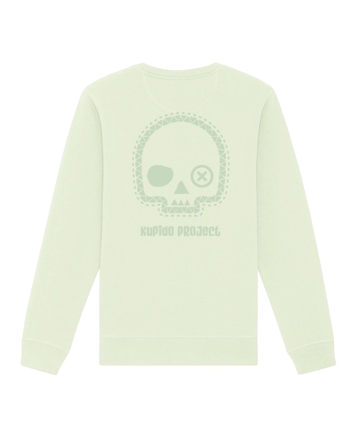 Sudadera verde lima Kupido Project con diseño minimalista de calavera en tonos suaves. Perfecta para un estilo relajado y moderno con un toque distintivo.