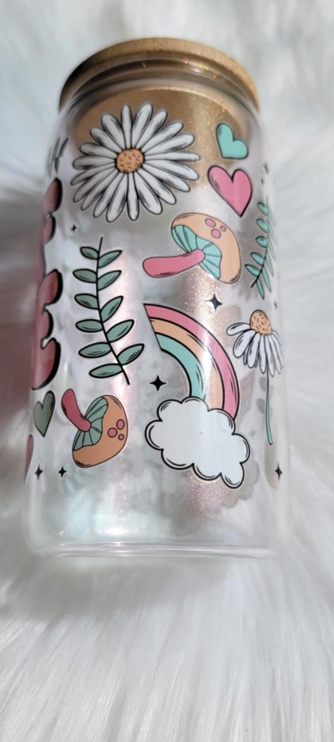 16oz Glass Can &#39;Self Love&#39; Pink Shimmer