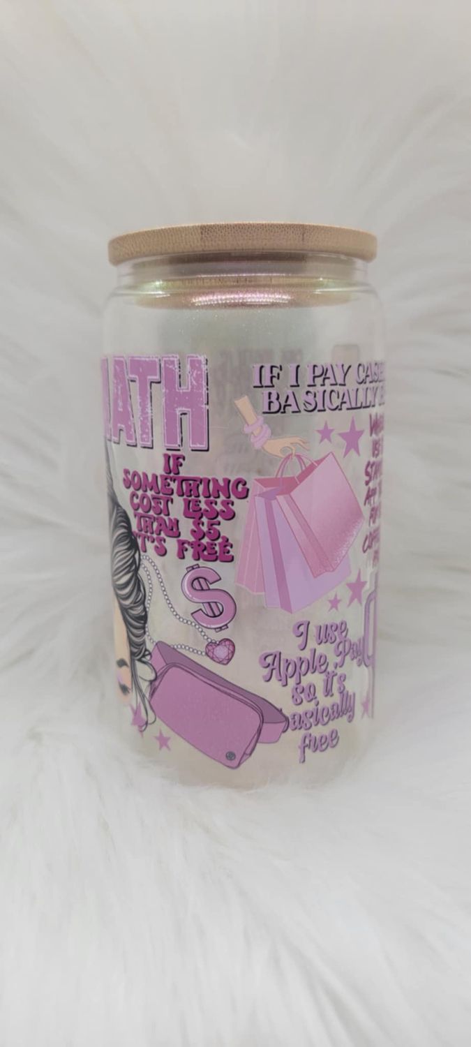 16oz Glass Can &#39;Girl Math&#39; Pink Shimmer