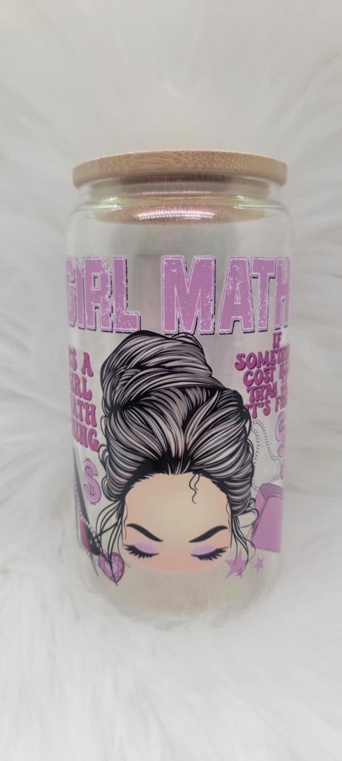 16oz Glass Can &#39;Girl Math&#39; Pink Shimmer