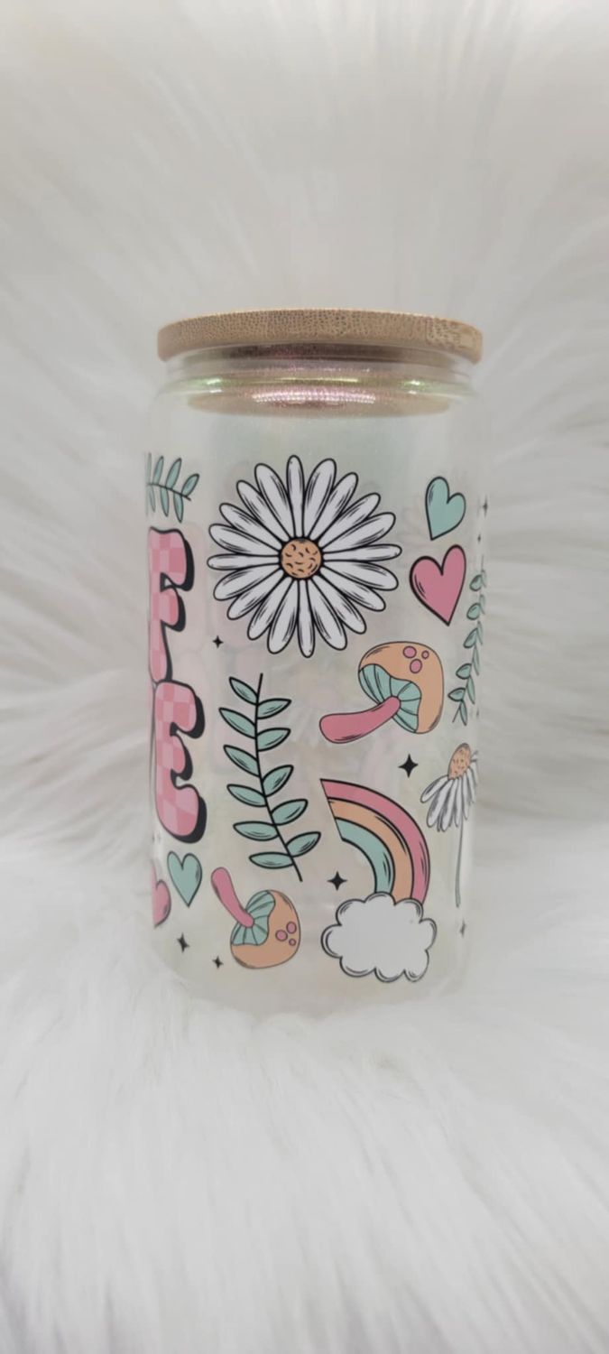 16oz Glass Can &#39;Self Love&#39; Pink Shimmer