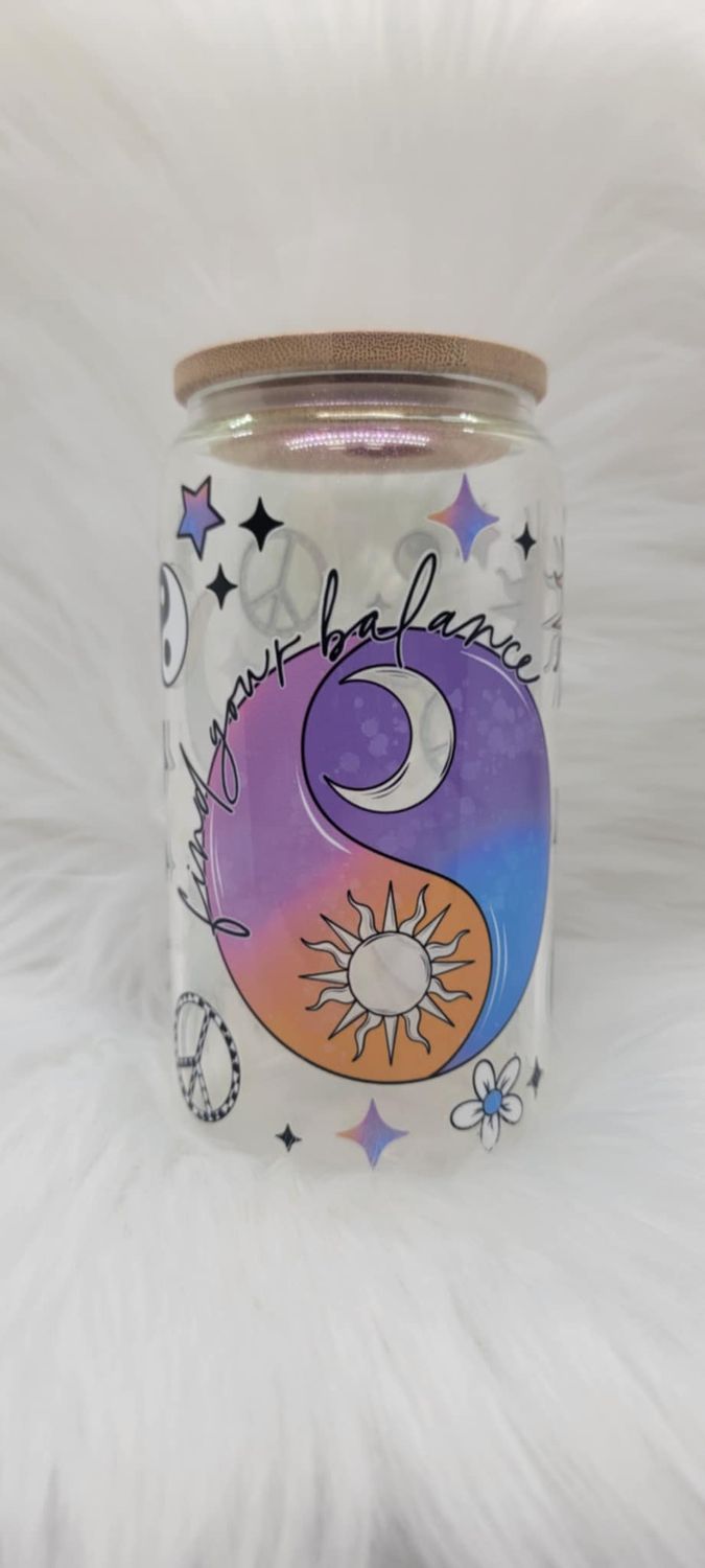 16oz Glass Can &#39;Find Your Balance&#39; Purple Shimmer