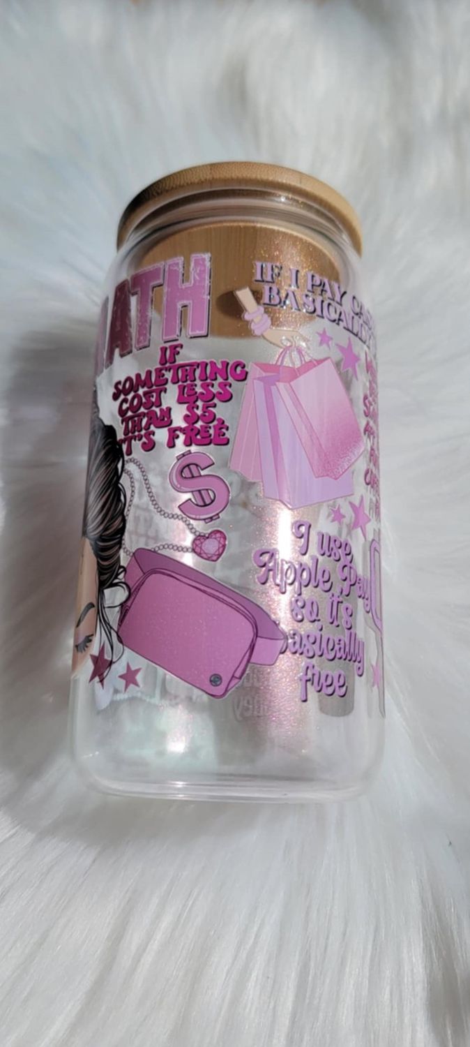 16oz Glass Can &#39;Girl Math&#39; Pink Shimmer