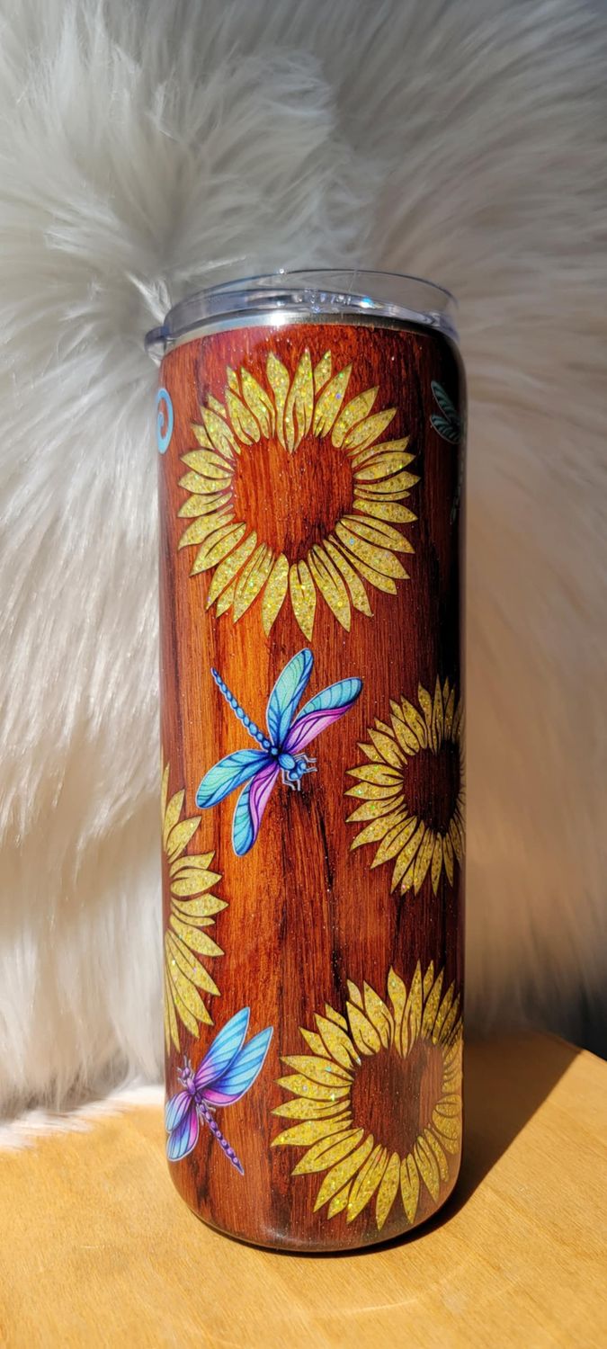 20oz Skinny Woodgrain Sunflower Yellow Glitter with Dragonflies
