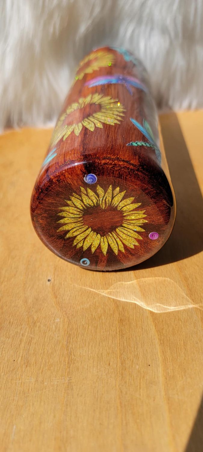 20oz Skinny Woodgrain Sunflower Yellow Glitter with Dragonflies
