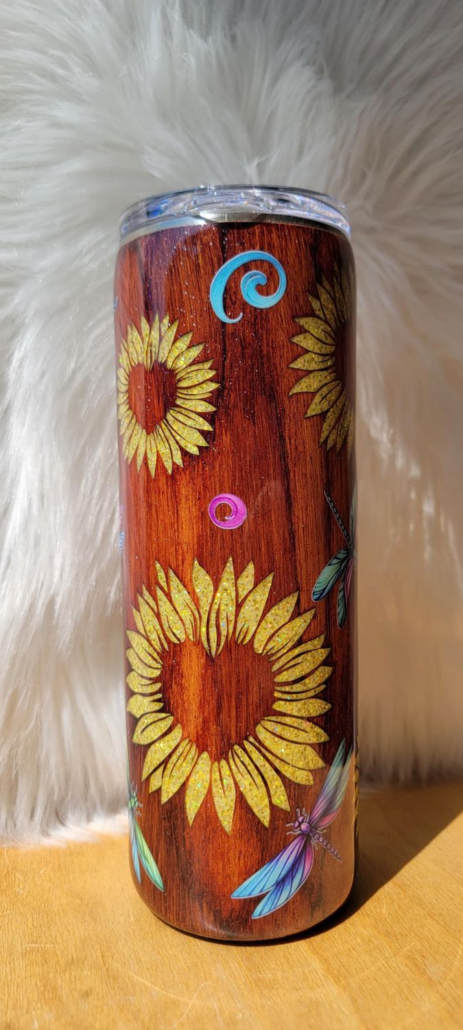 20oz Skinny Woodgrain Sunflower Yellow Glitter with Dragonflies
