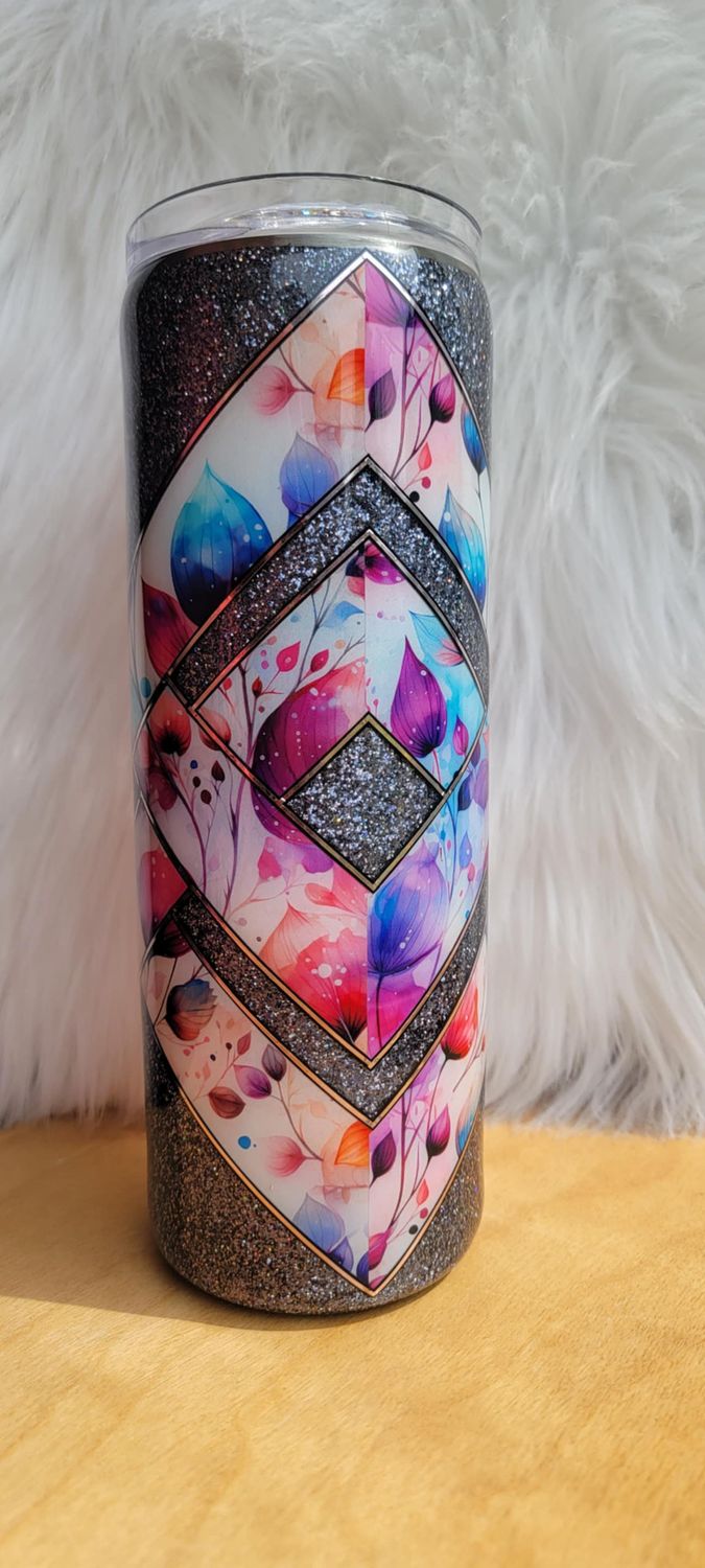 20oz Grey Holographic Glitter White Vinyl Floral Criss Cross