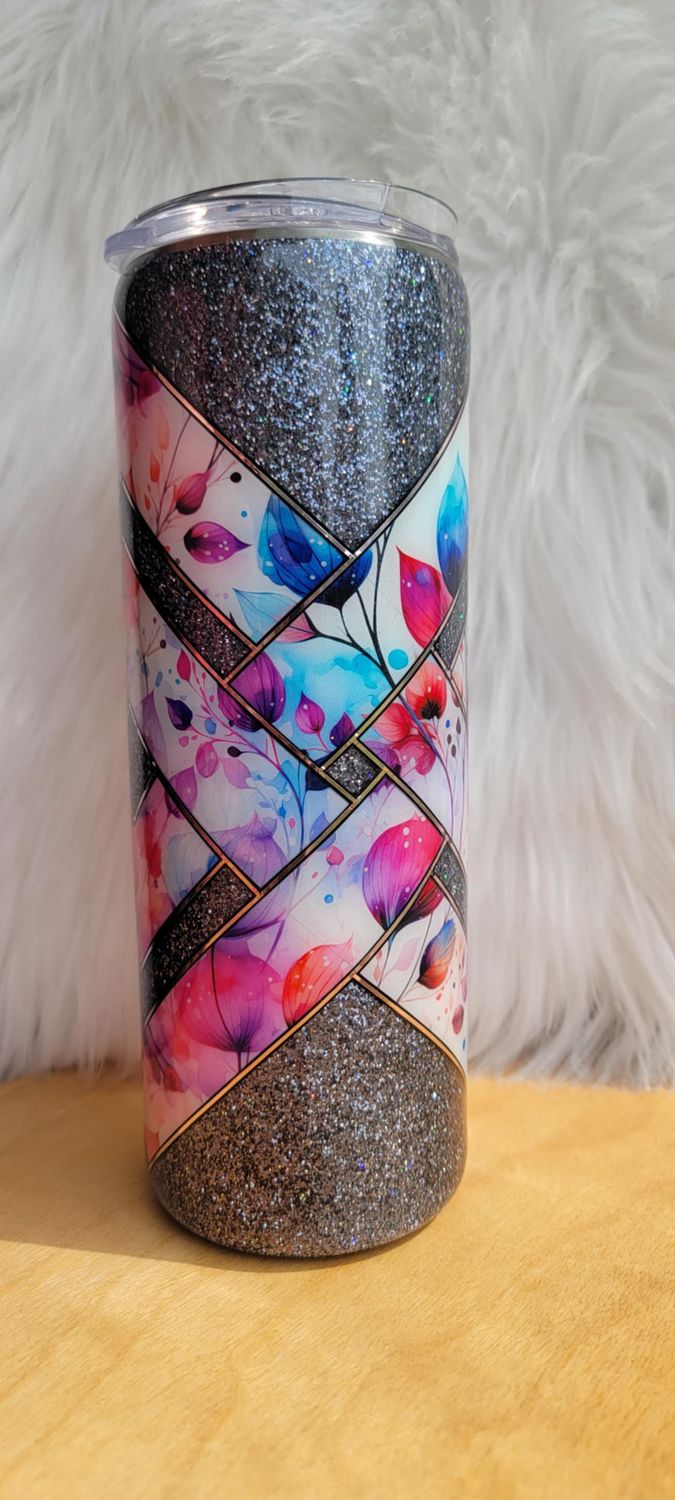 20oz Grey Holographic Glitter White Vinyl Floral Criss Cross