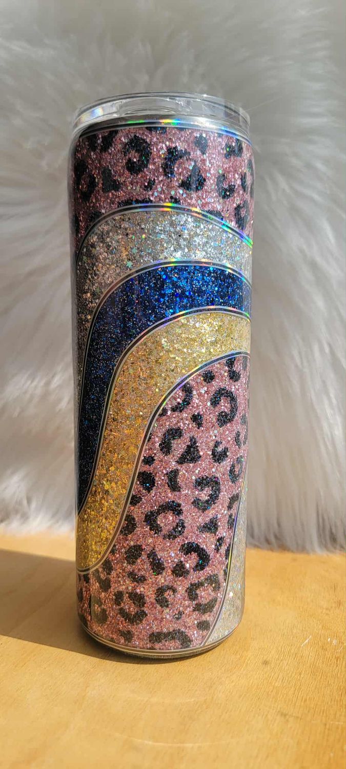 20oz Skinny Glitter Swirl with Pink Leopard