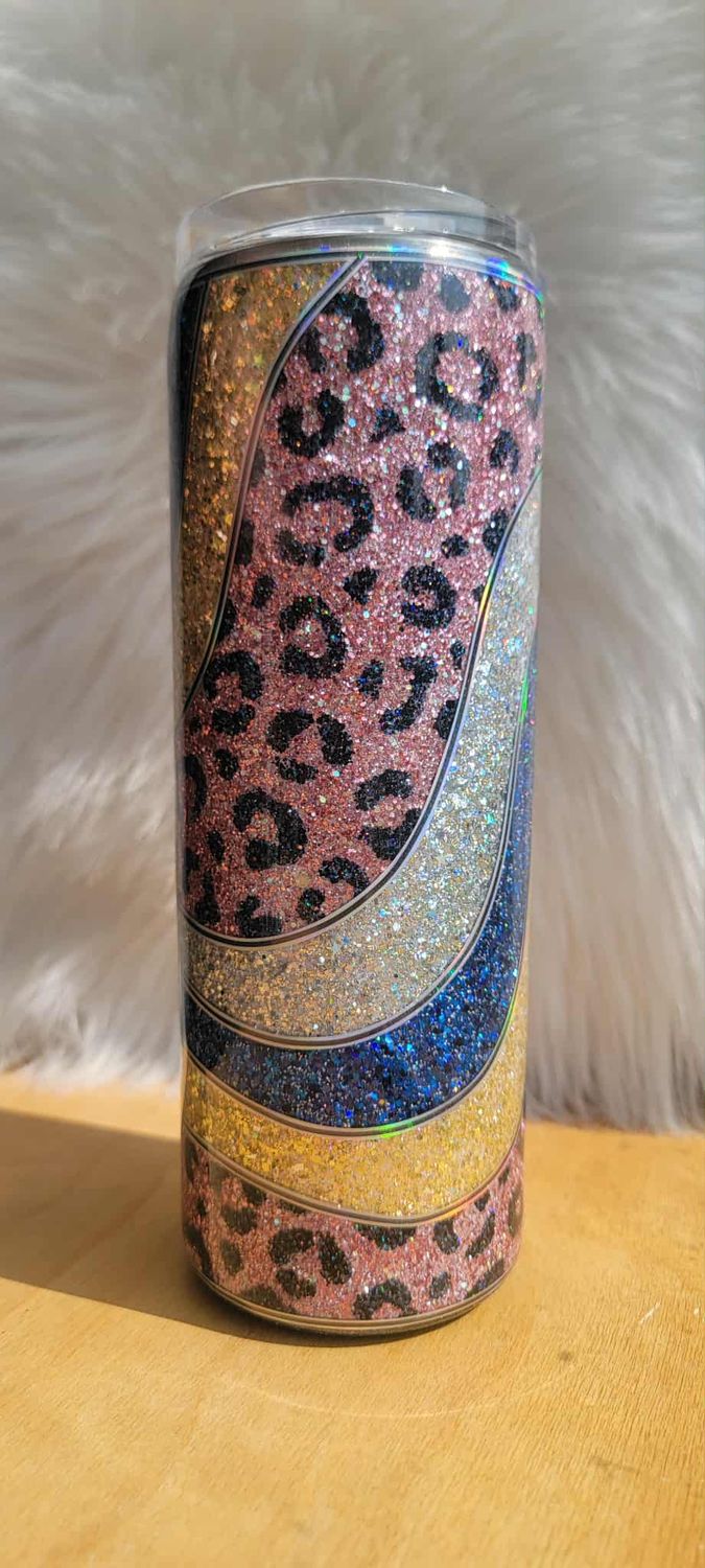 20oz Skinny Glitter Swirl with Pink Leopard