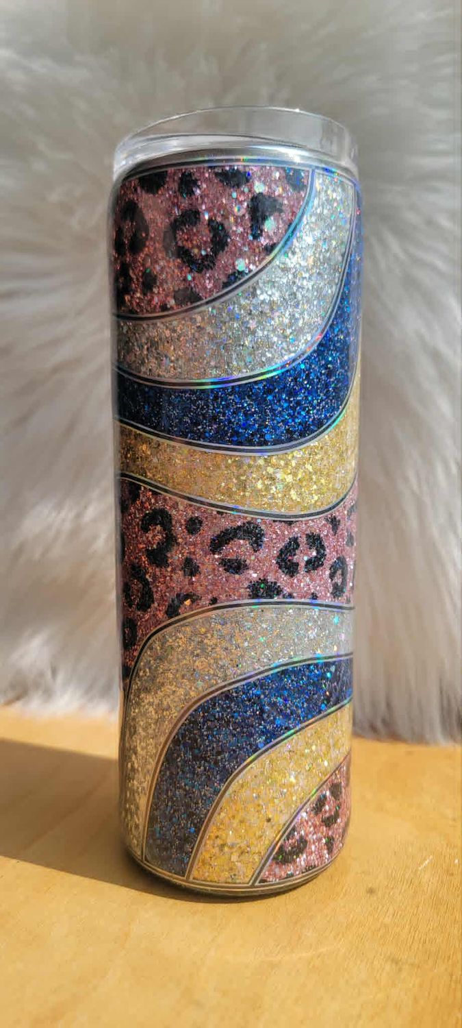 20oz Skinny Glitter Swirl with Pink Leopard