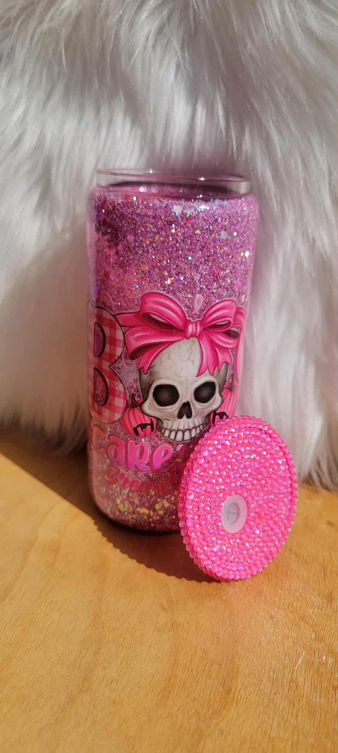 16oz Glass Snow Globe Tumbler ~ Boo Scare Away Breast Cancer with ribbons