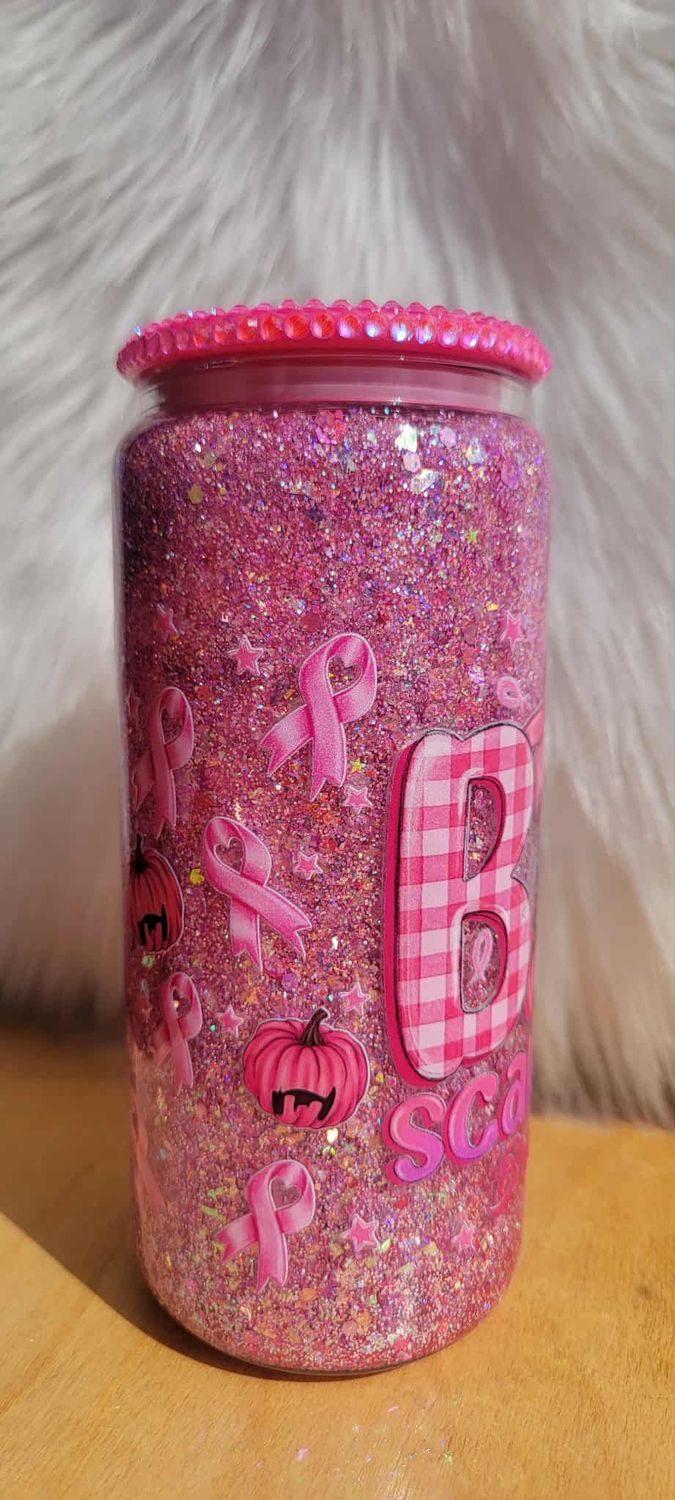 16oz Glass Snow Globe Tumbler ~ Boo Scare Away Breast Cancer with ribbons