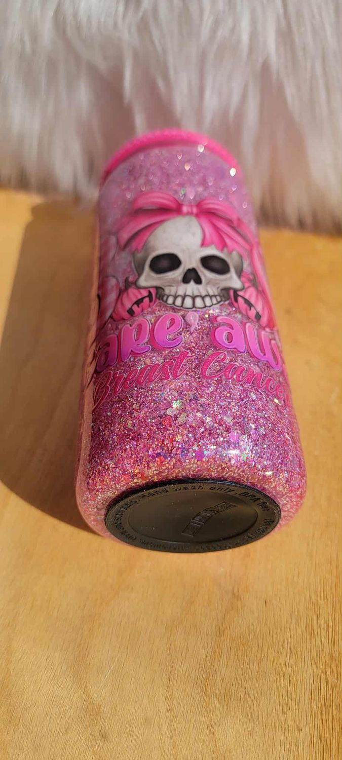 16oz Glass Snow Globe Tumbler ~ Boo Scare Away Breast Cancer with ribbons