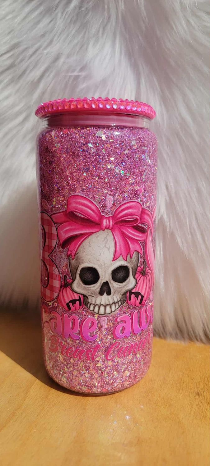 16oz Glass Snow Globe Tumbler ~ Boo Scare Away Breast Cancer with ribbons