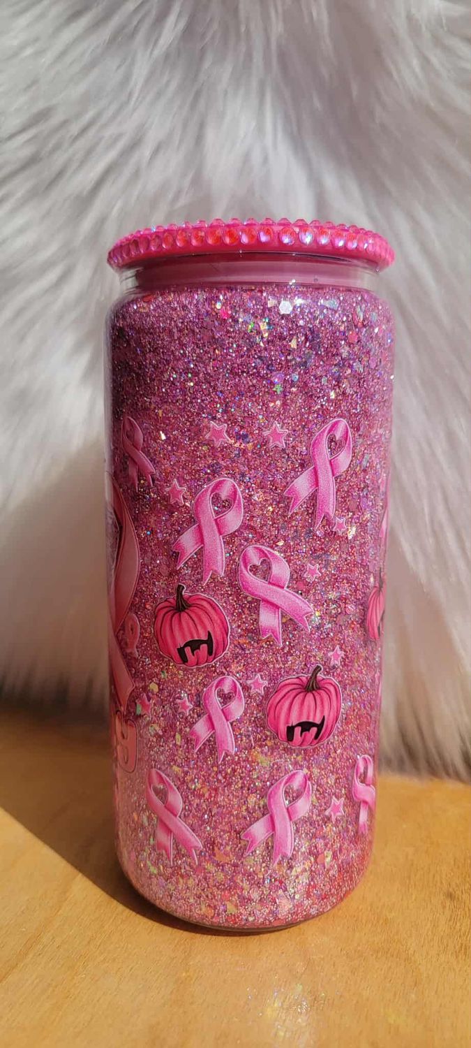 16oz Glass Snow Globe Tumbler ~ Boo Scare Away Breast Cancer with ribbons