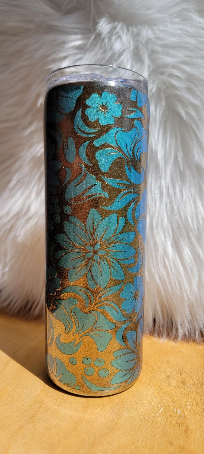 20oz Skinny Teal &amp; Gold Flowery Pattern