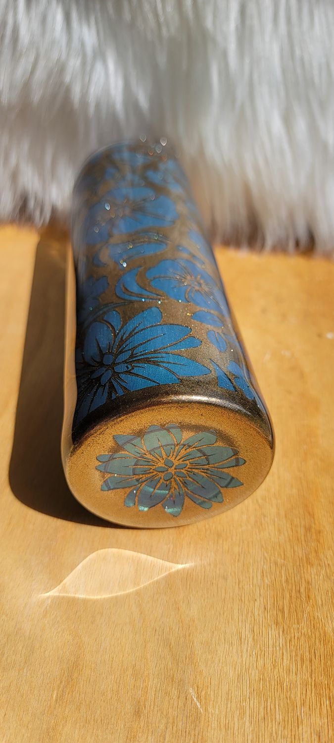 20oz Skinny Teal &amp; Gold Flowery Pattern