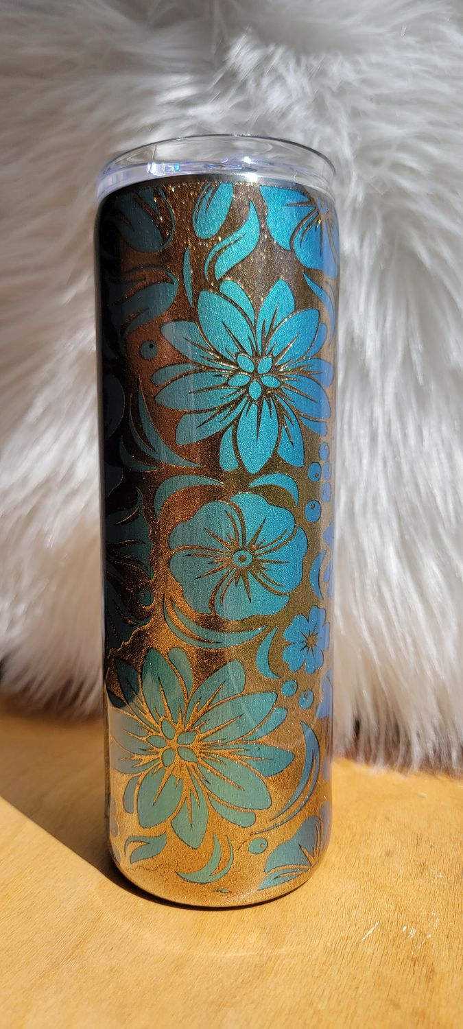 20oz Skinny Teal &amp; Gold Flowery Pattern