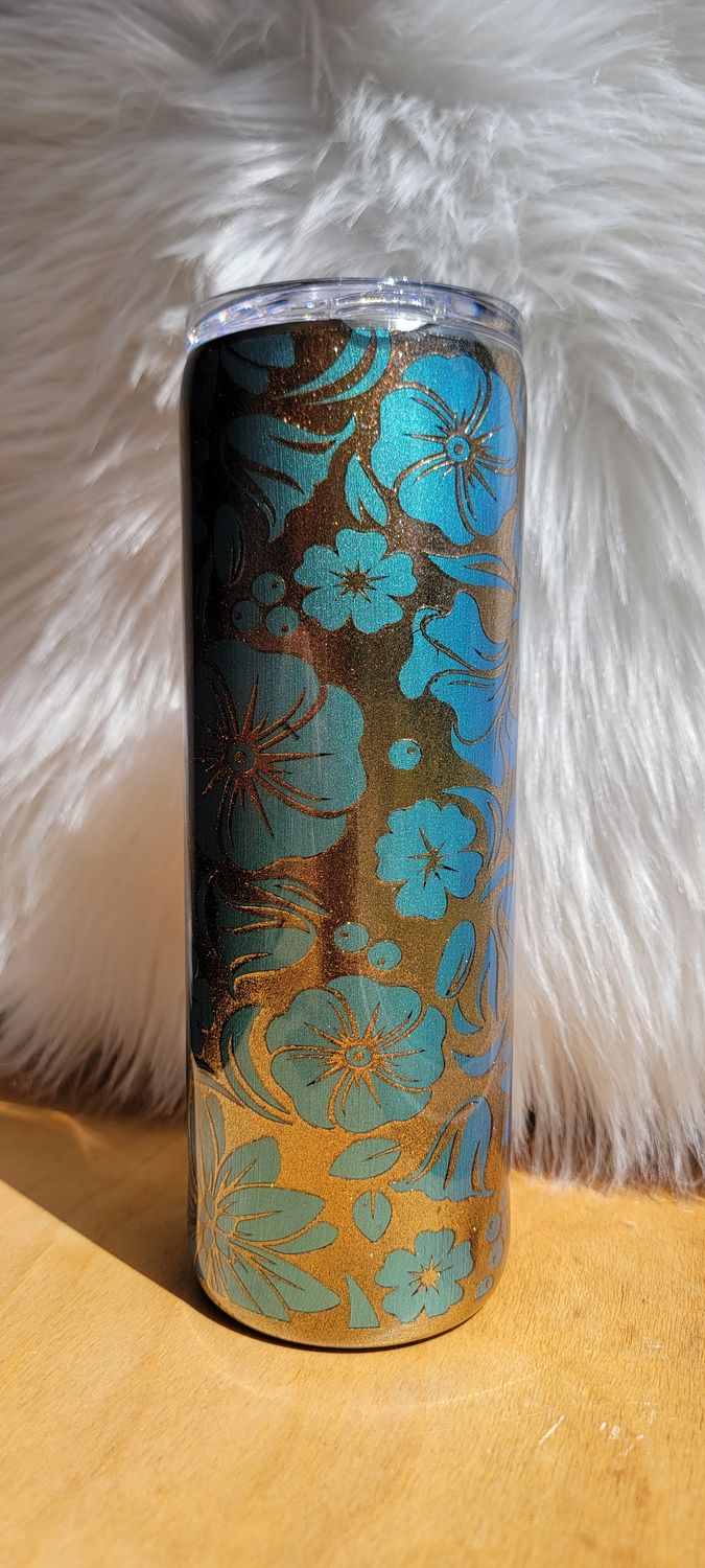 20oz Skinny Teal &amp; Gold Flowery Pattern