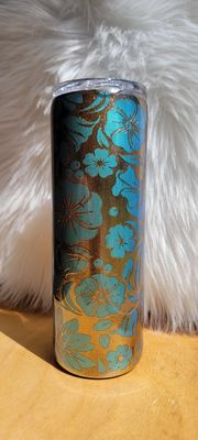 20oz Skinny Teal &amp; Gold Flowery Pattern