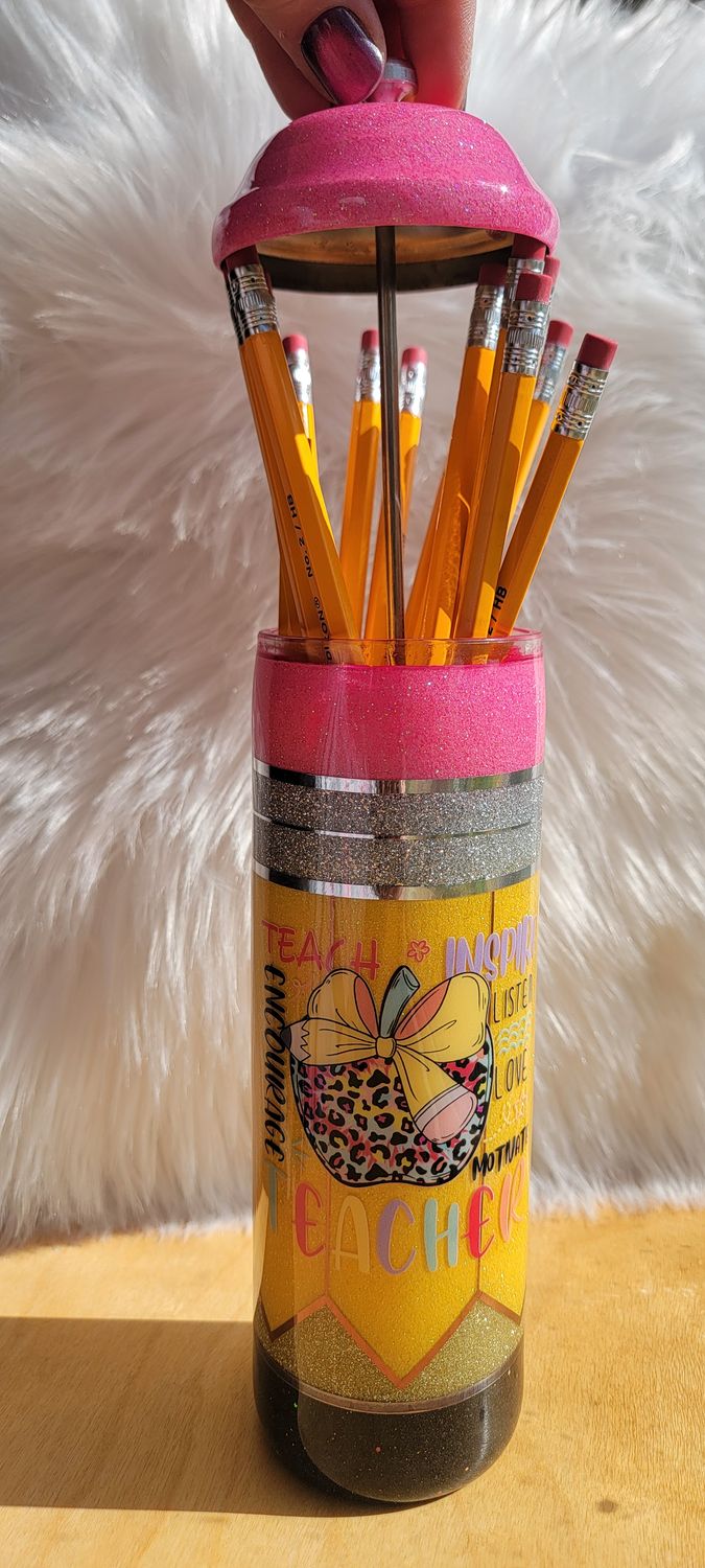 Glitter Pencil Holder with Apple &amp; Pencil decal