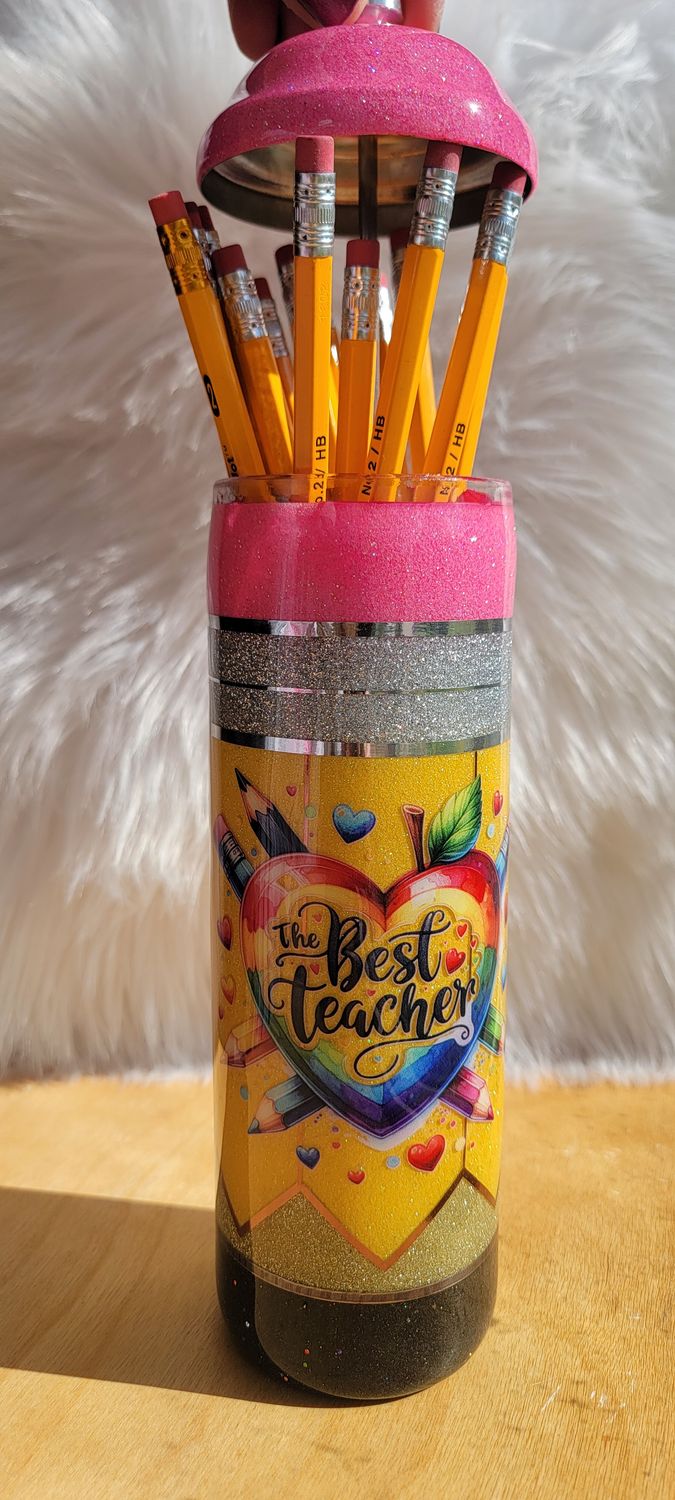 Glitter Pencil Holder with Heart and pencils decal