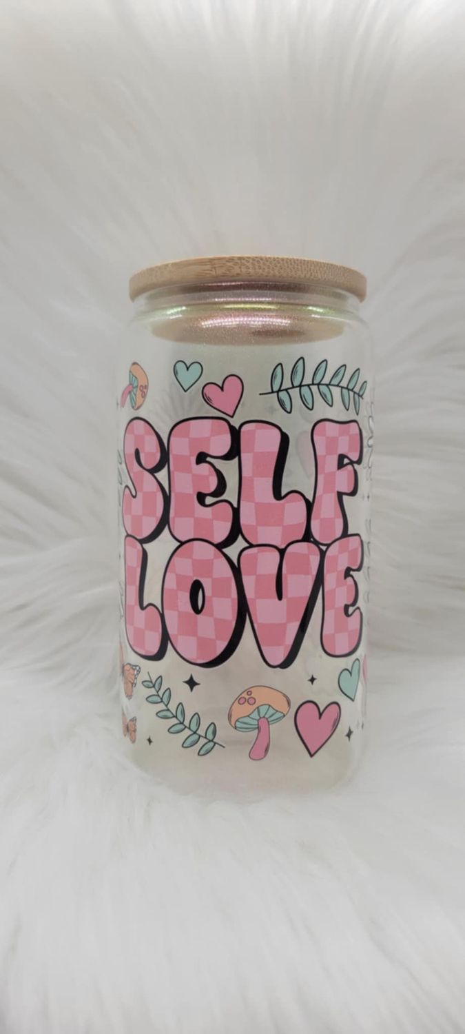 16oz Glass Can 'Self Love' Pink Shimmer