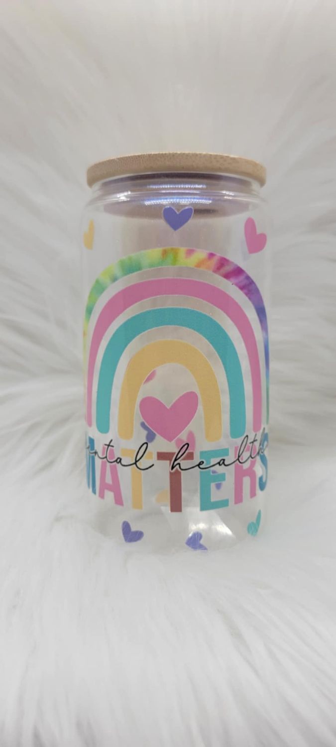 16oz Glass Can 'Mental Health Matters' Blue Shimmer