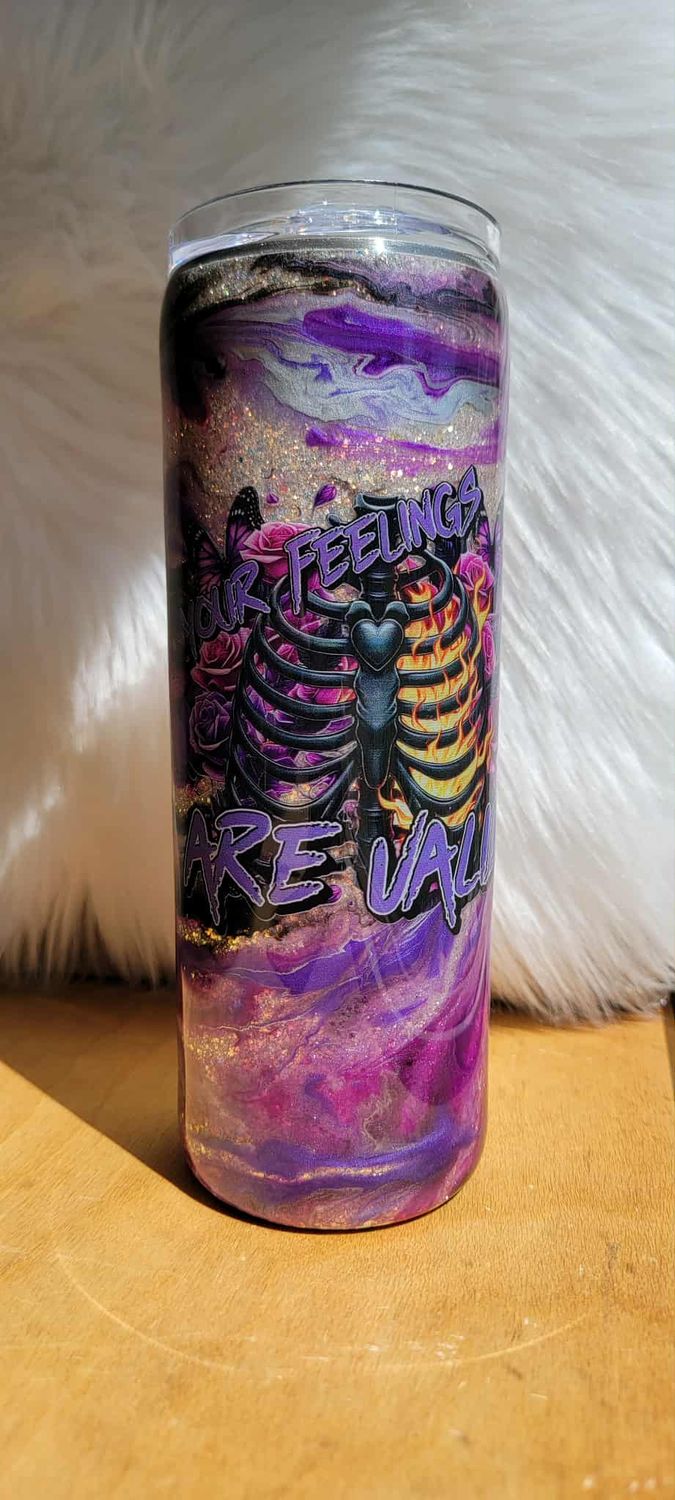20oz Skinny Black &amp; and purple swirl Your Feelings Are Valid