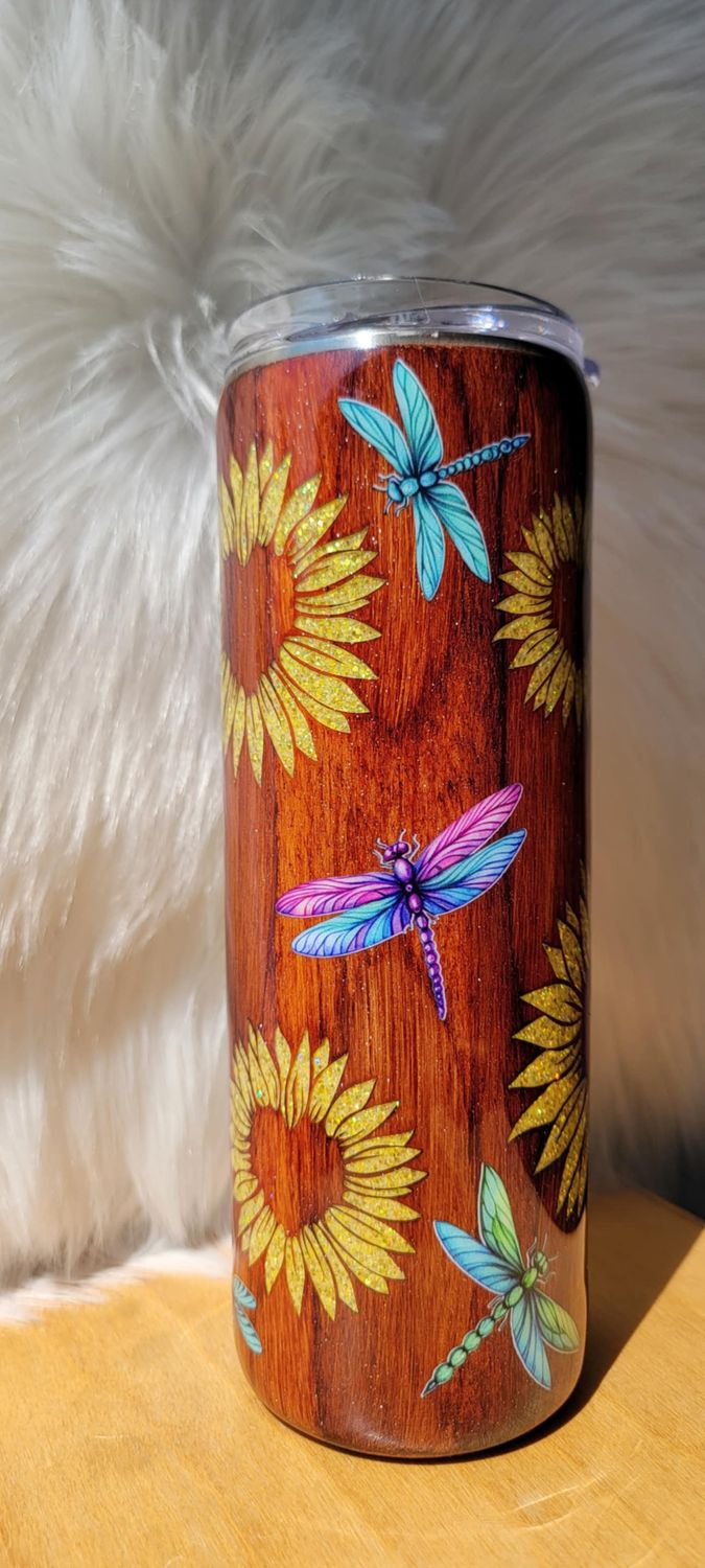 20oz Skinny Woodgrain Sunflower Yellow Glitter with Dragonflies