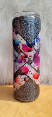 20oz Skinny Grey Holographic Glitter White Vinyl Floral Criss Cross