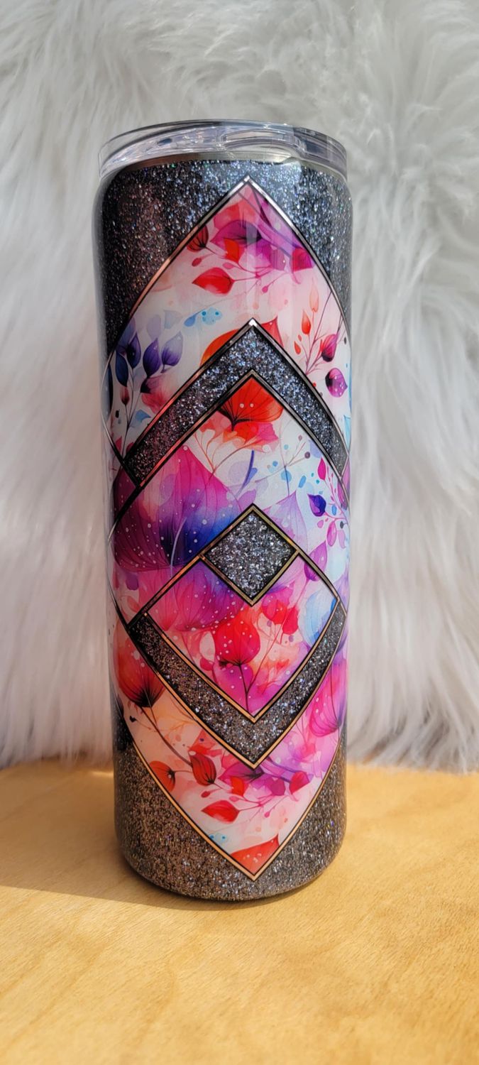 20oz Skinny Grey Holographic Glitter White Vinyl Floral Criss Cross