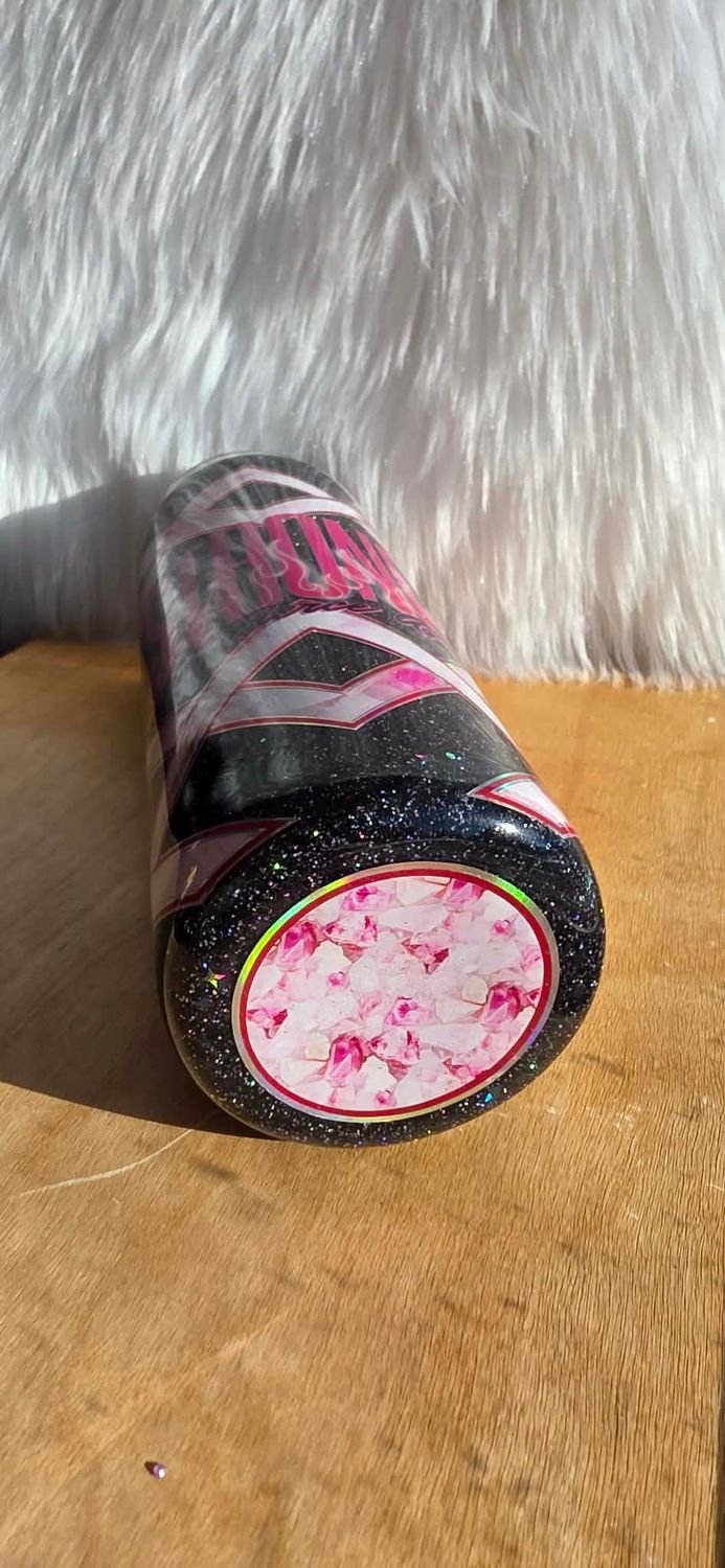 20oz Skinny Black glitter base with pink vinyl Strong and Fierce AF