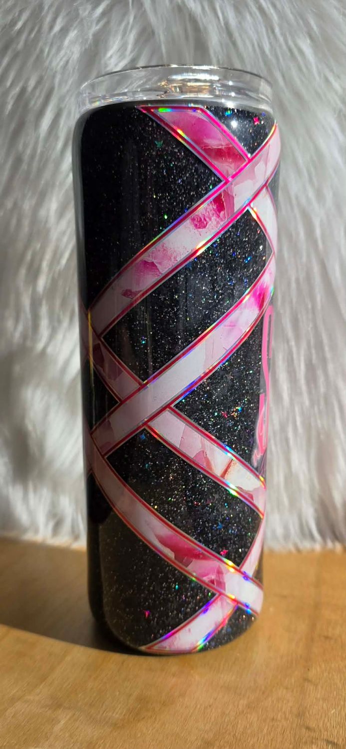 20oz Skinny Black glitter base with pink vinyl Strong and Fierce AF
