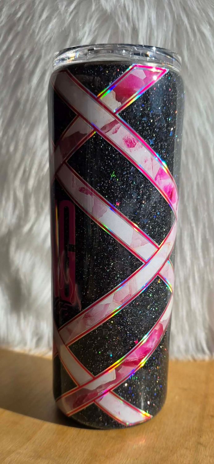 20oz Skinny Black glitter base with pink vinyl Strong and Fierce AF