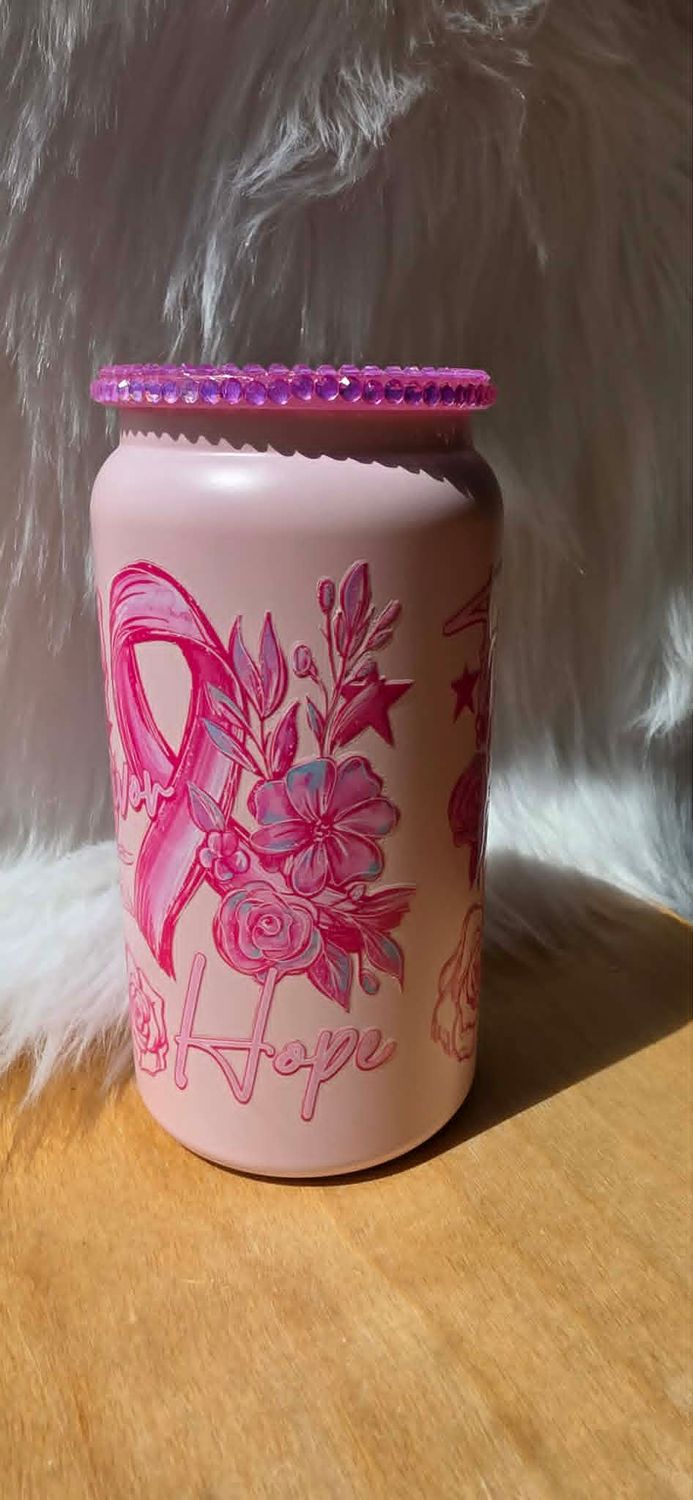 16oz Double Walled Stainless Steel Pink Can with Breast Cancer Awareness Wrap
