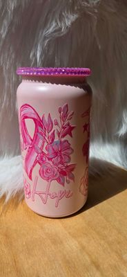 16oz Double Walled Stainless Steel Pink Can with Breast Cancer Awareness Wrap
