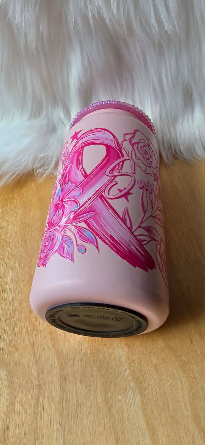 16oz Double Walled Stainless Steel Pink Can with Breast Cancer Awareness Wrap
