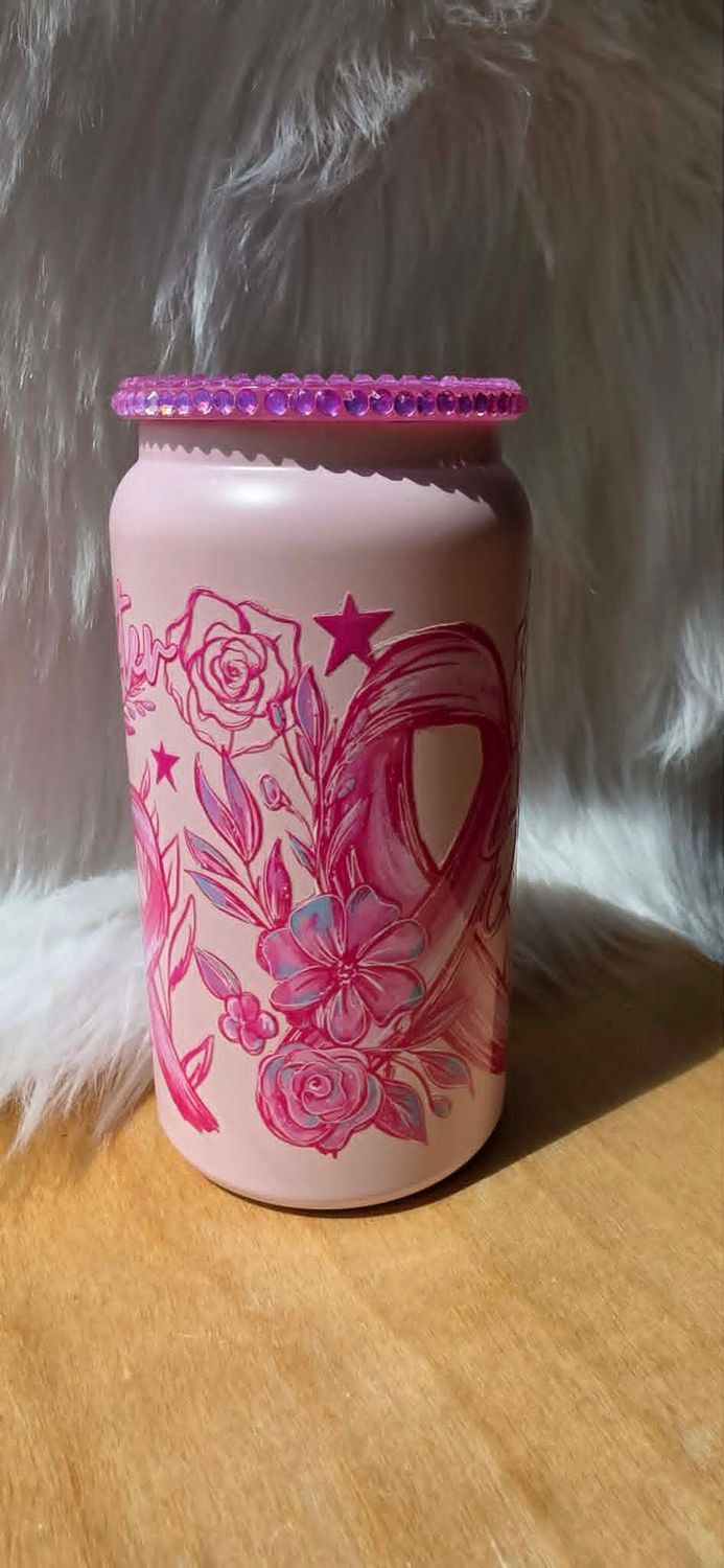 16oz Double Walled Stainless Steel Pink Can with Breast Cancer Awareness Wrap