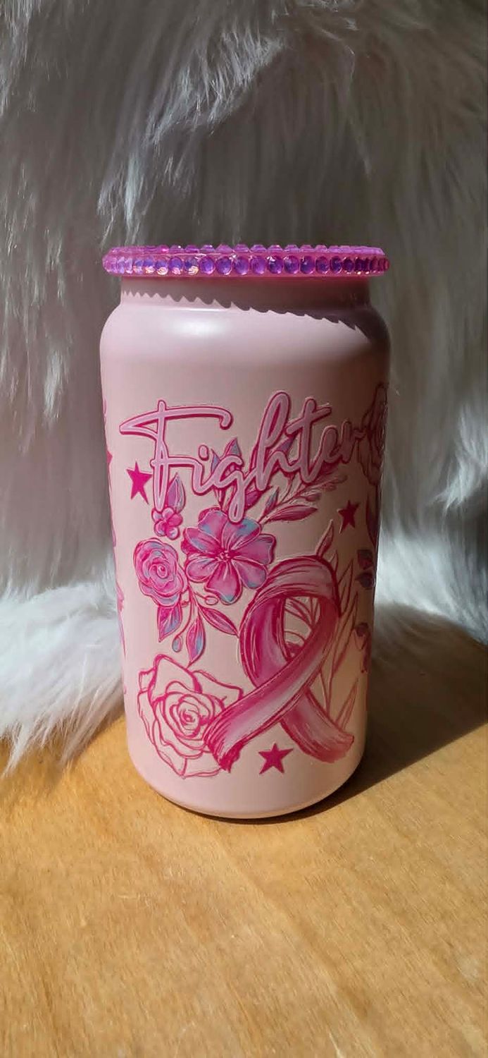 16oz Double Walled Stainless Steel Pink Can with Breast Cancer Awareness Wrap