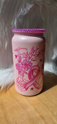 16oz Double Walled Stainless Steel Pink Can with Breast Cancer Awareness Wrap