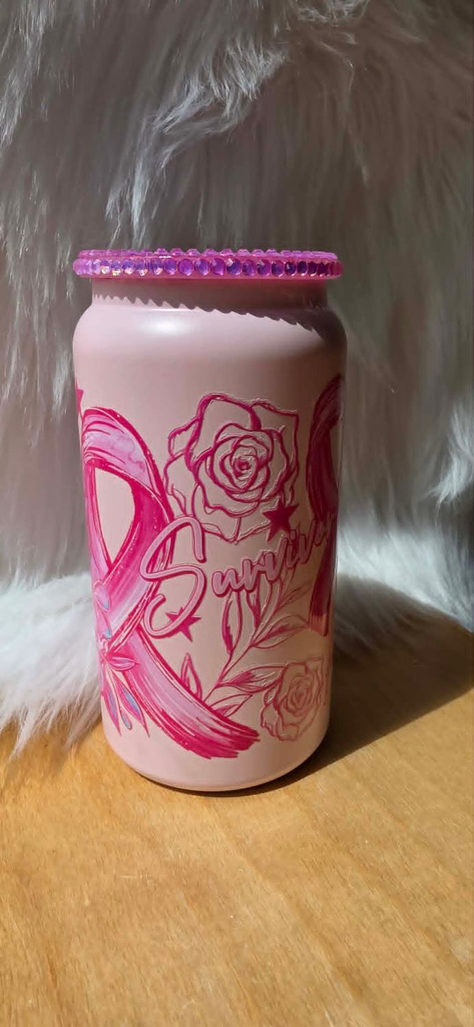 16oz Double Walled Stainless Steel Pink Can with Breast Cancer Awareness Wrap