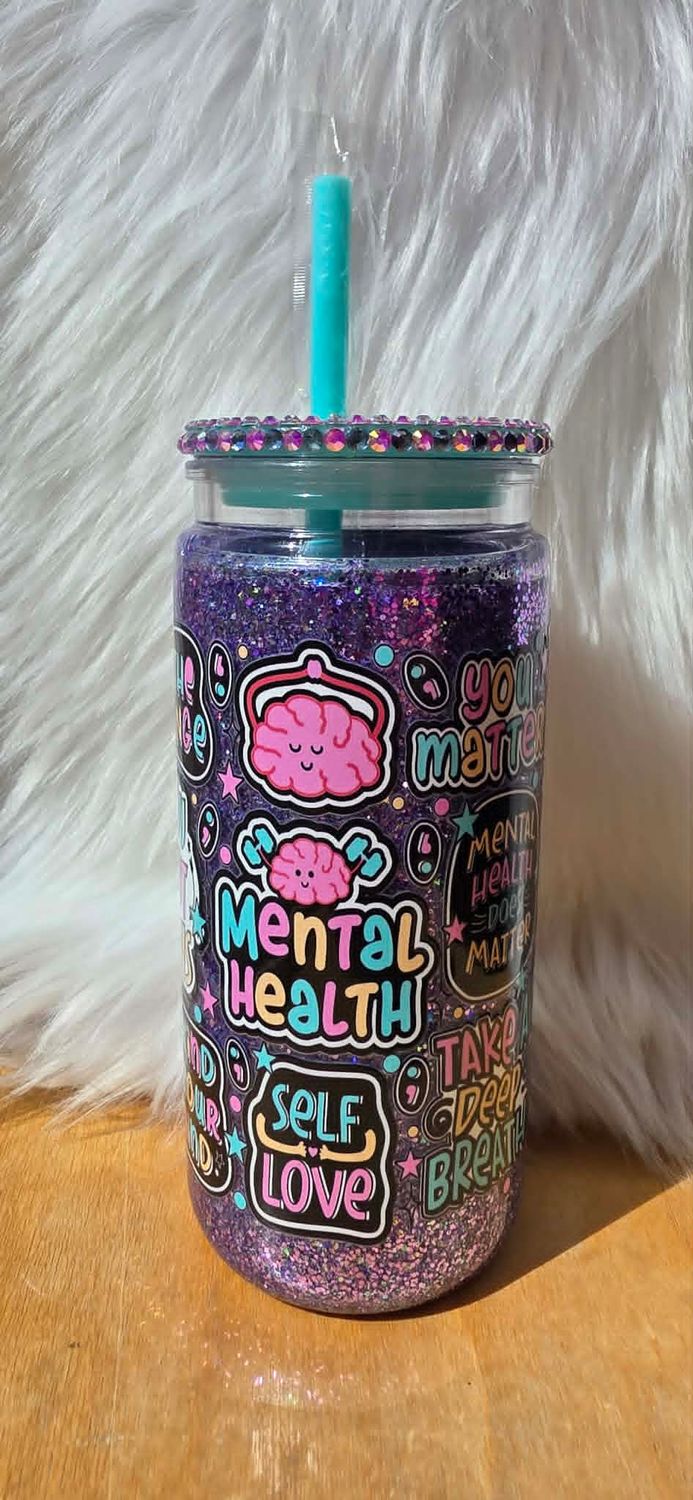 20oz Acrylic Snowglobe with Purple glitter Mental Health Affirmations