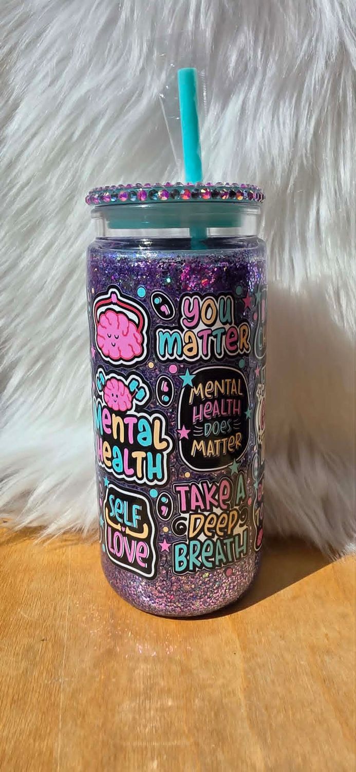 20oz Acrylic Snowglobe with Purple glitter Mental Health Affirmations