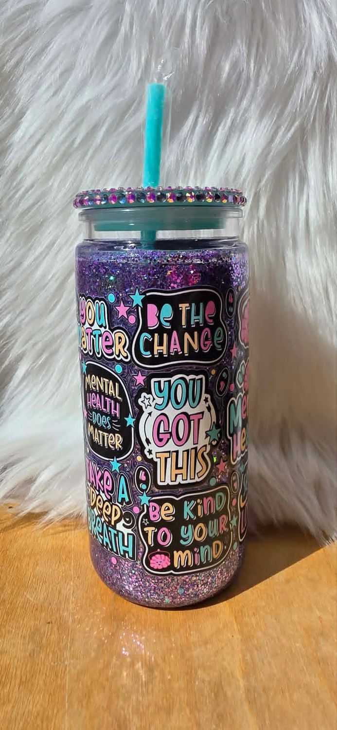 20oz Acrylic Snowglobe with Purple glitter Mental Health Affirmations