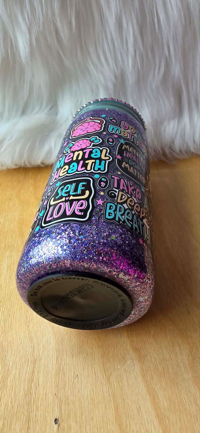 20oz Acrylic Snowglobe with Purple glitter Mental Health Affirmations