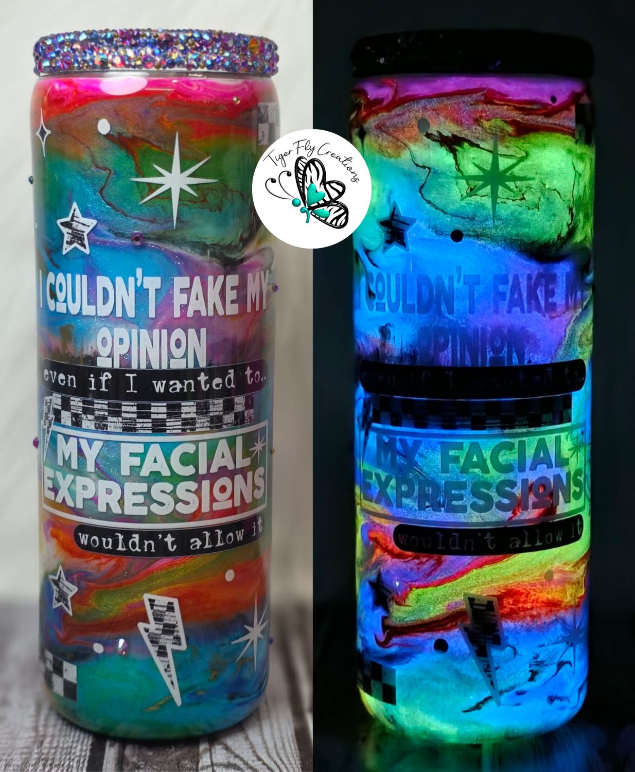 20oz Rainbow Swirl with Glow &amp; full rhinestone lid